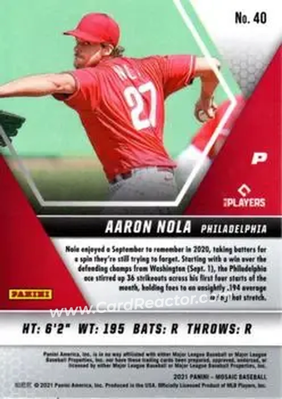 2021 Panini Mosaic #40 - Aaron Nola - Philadelphia Phillies - Back