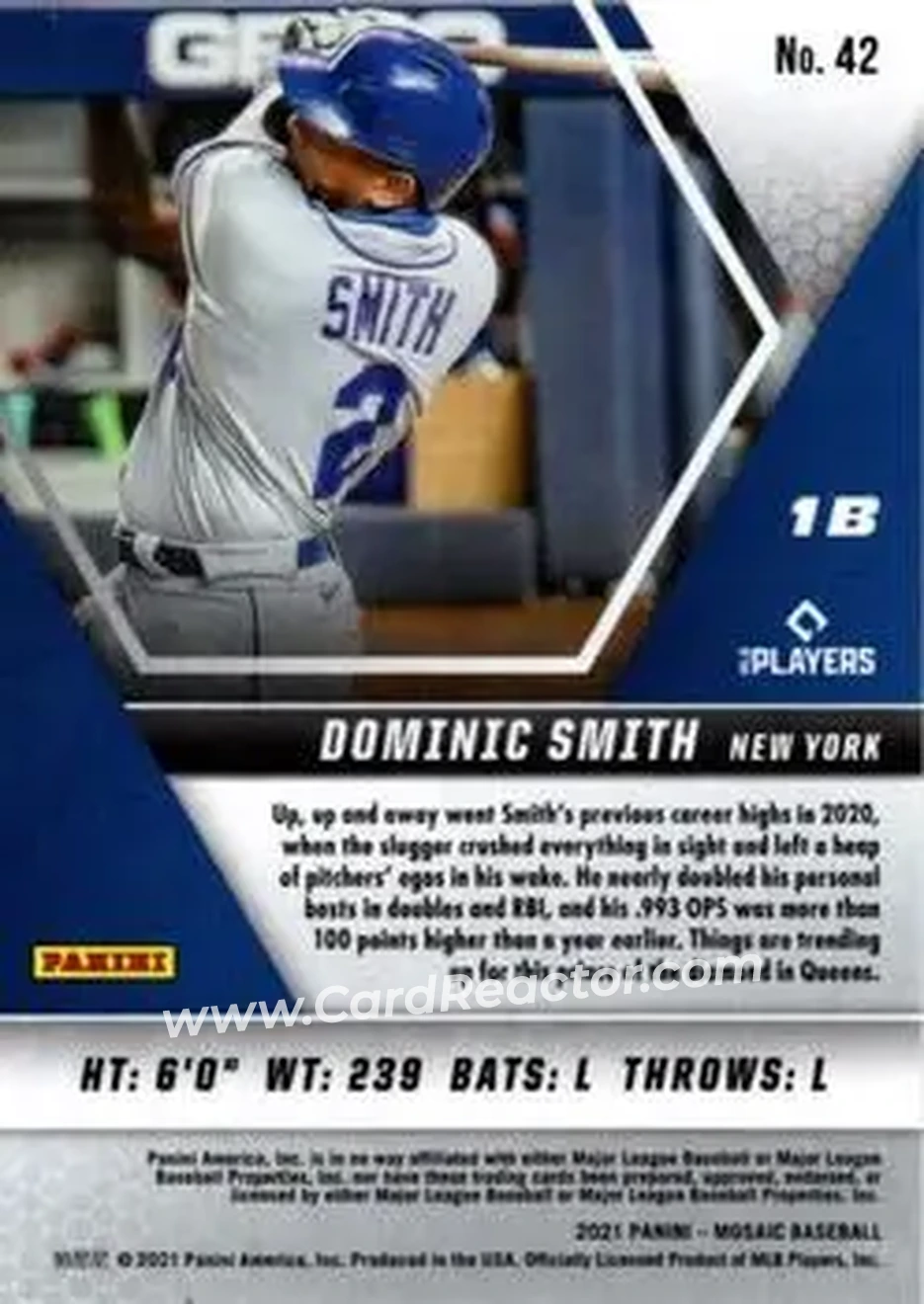 2021 Panini Mosaic #42 - Dominic Smith - New York Mets - Back