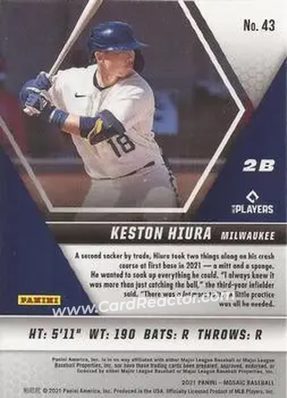 2021 Panini Mosaic #43 - Keston Hiura - Milwaukee Brewers - Back 2021 Panini Mosaic #43 - Keston Hiura - Milwaukee Brewers - Back