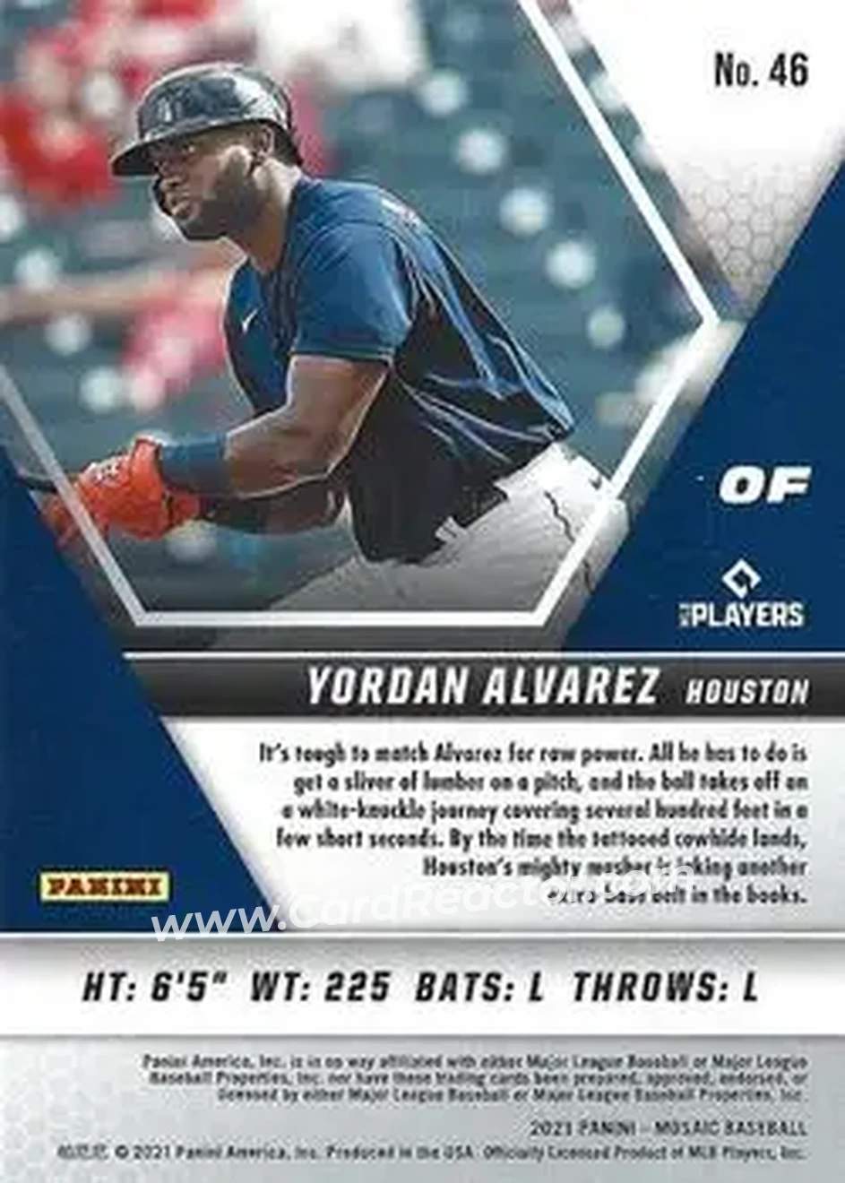 2021 Panini Mosaic #46 - Yordan Alvarez - Houston Astros - Back