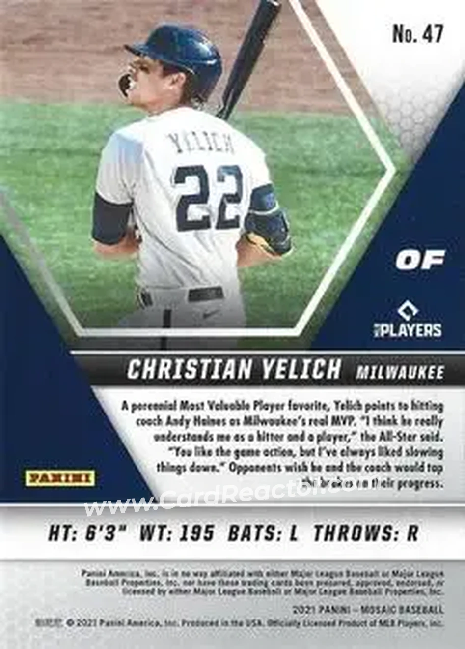2021 Panini Mosaic #47 - Christian Yelich - Milwaukee Brewers - Back 2021 Panini Mosaic #47 - Christian Yelich - Milwaukee Brewers - Back