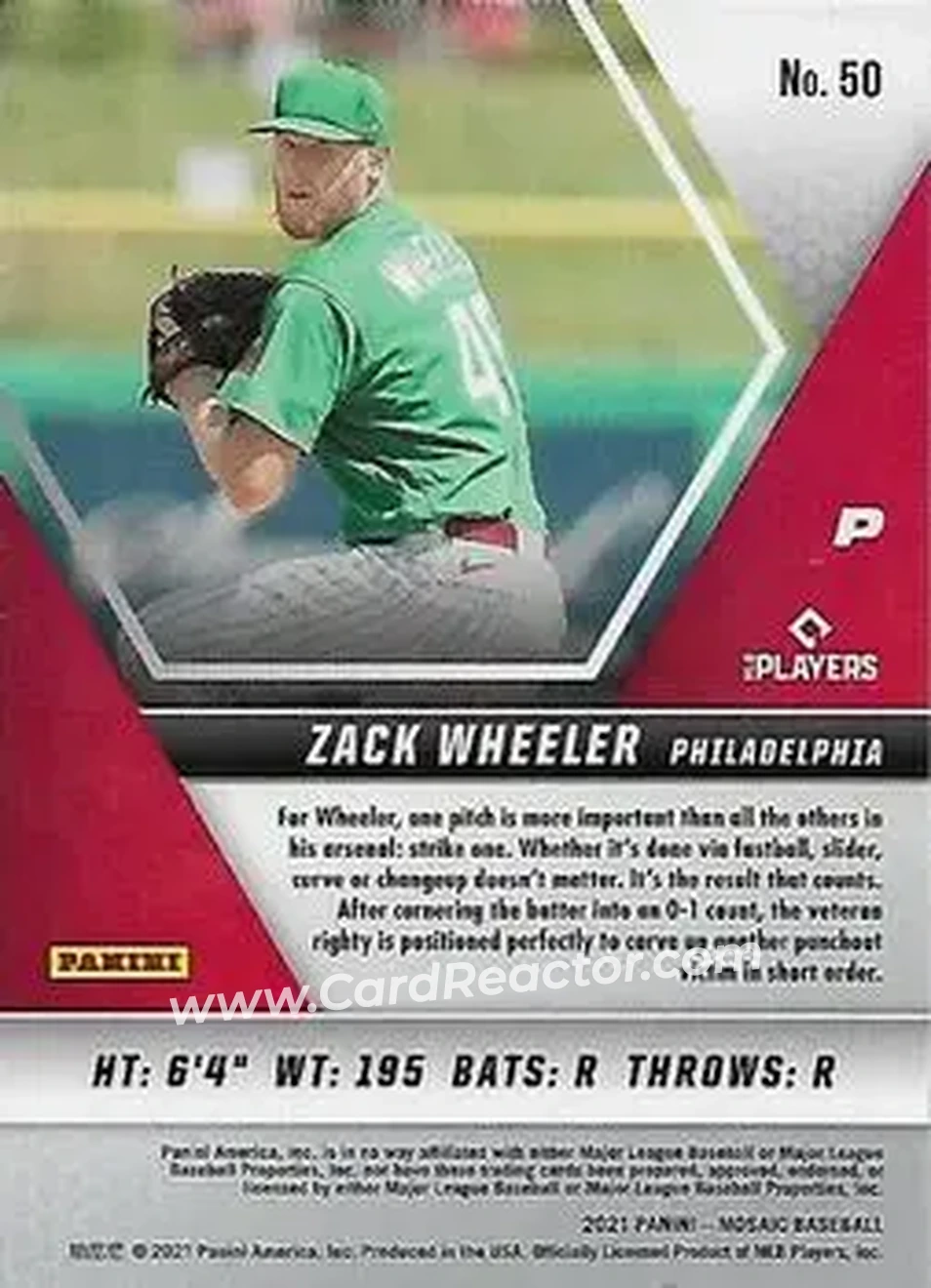 2021 Panini Mosaic #50 - Zack Wheeler - Philadelphia Phillies - Back