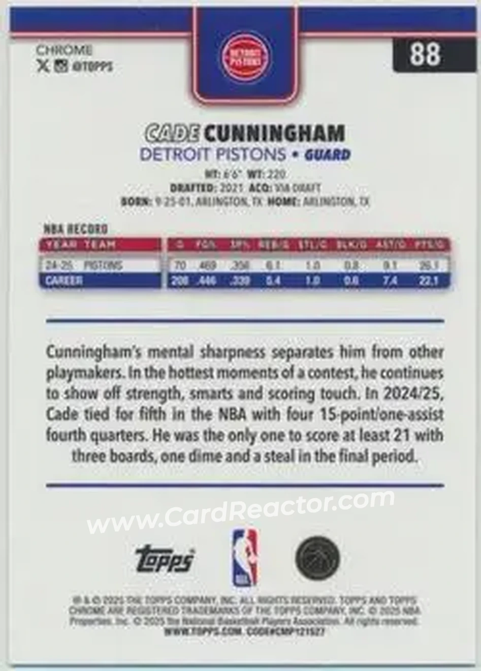 2025-26 Topps Chrome Sapphire Edition #88 - Cade Cunningham - Detroit Pistons - Back