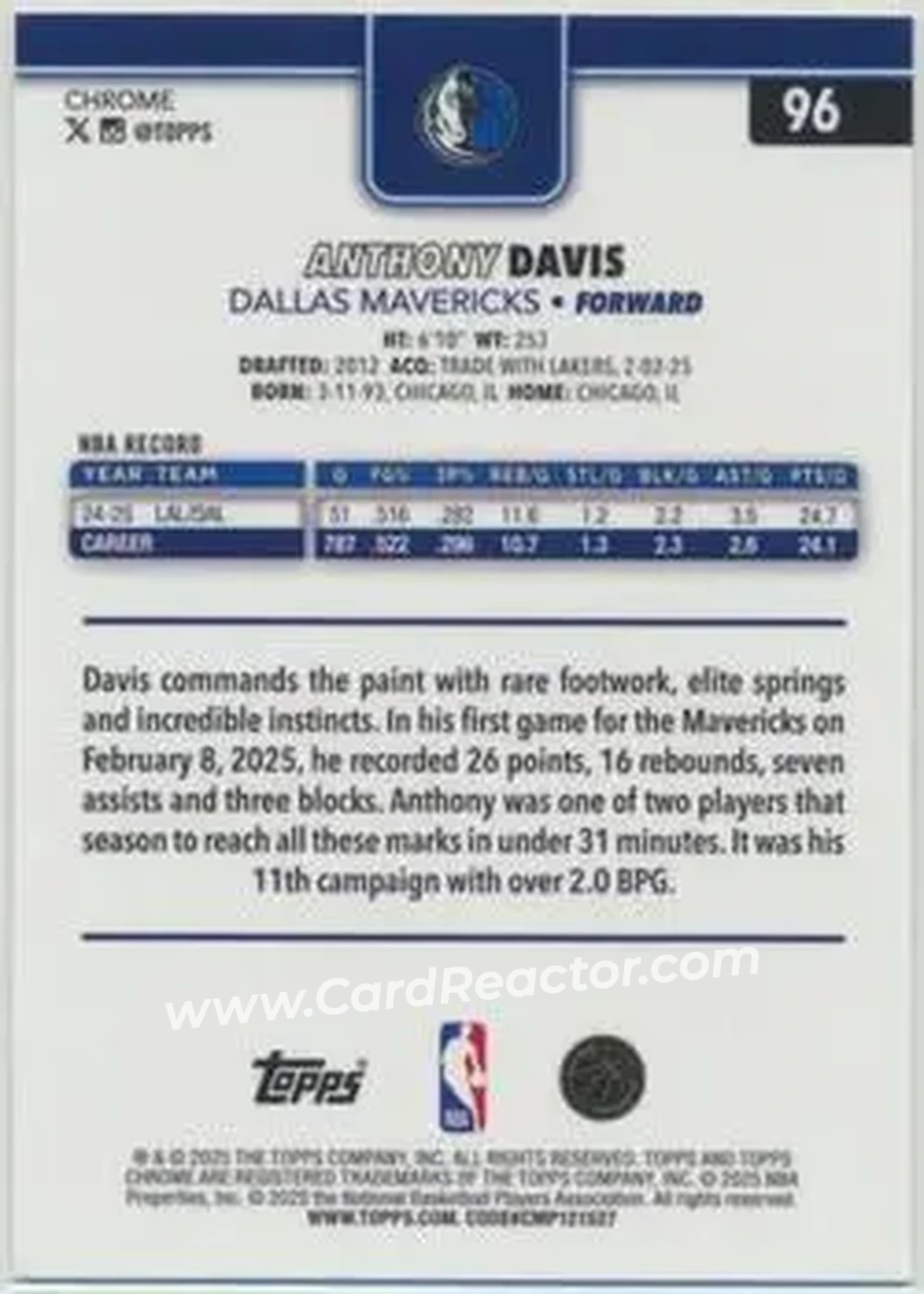 2025-26 Topps Chrome Sapphire Edition #96 - Anthony Davis - Dallas Mavericks - Back 2025-26 Topps Chrome Sapphire Edition #96 - Anthony Davis - Dallas Mavericks - Back