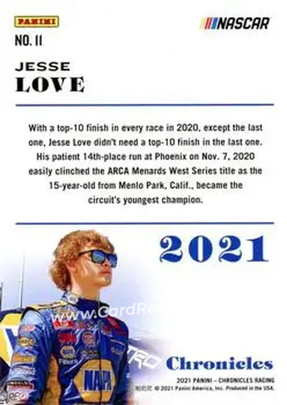 2021 Panini Chronicles - Blue #11 - Jesse Love - Bill McAnally Racing - Back