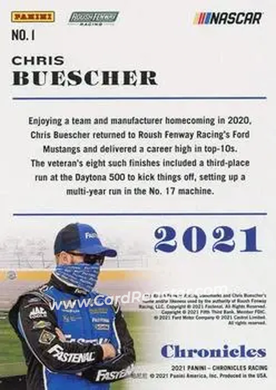 2021 Panini Chronicles - Purple #1 - Chris Buescher - Roush Fenway Racing - Back