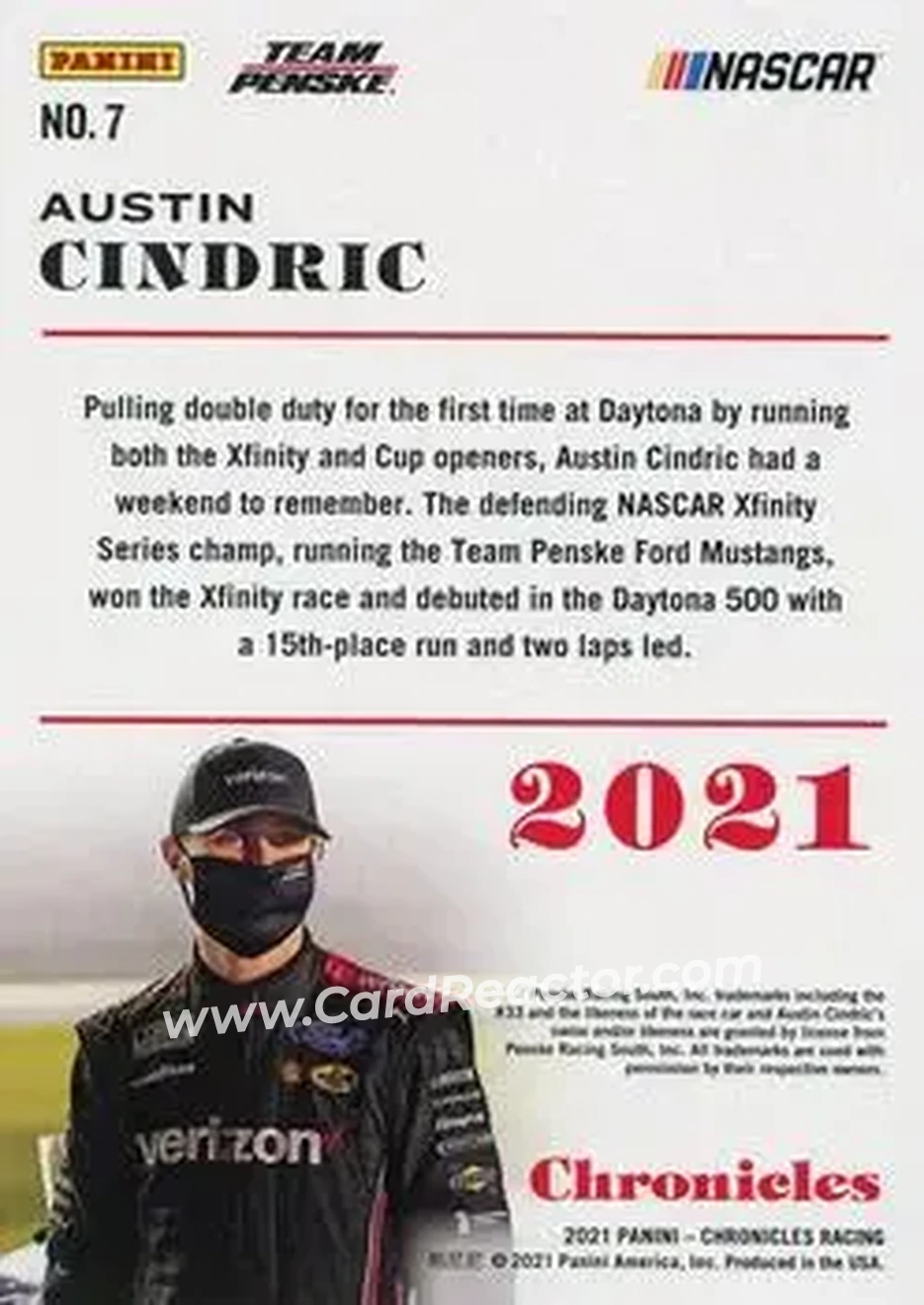 2021 Panini Chronicles - Purple #7 - Austin Cindric - Team Penske - Back