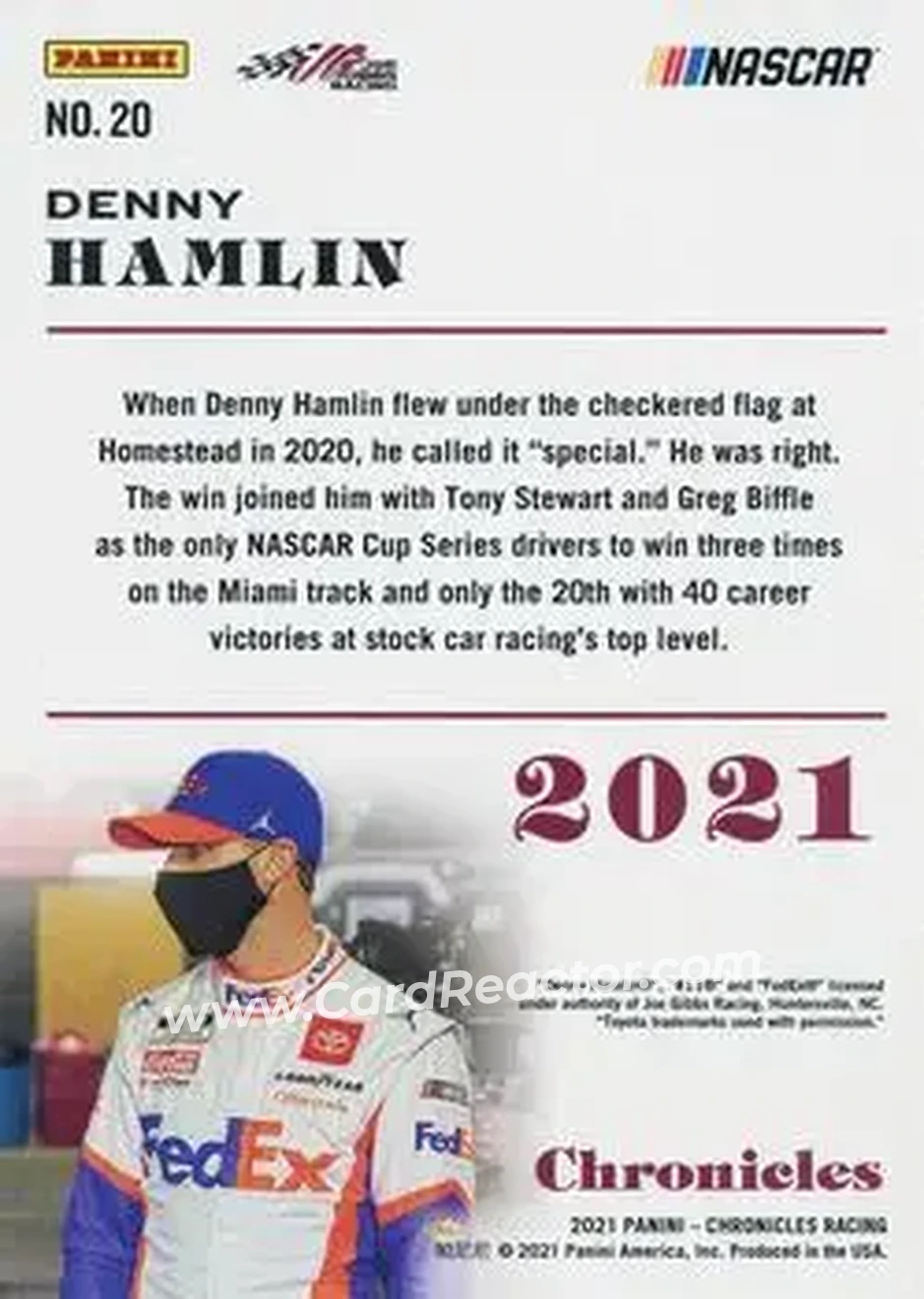2021 Panini Chronicles - Purple #20 - Denny Hamlin - Joe Gibbs Racing - Back