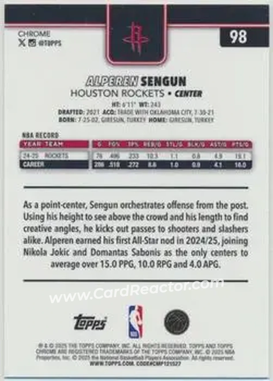 2025-26 Topps Chrome Sapphire Edition #98 - Alperen Sengun - Houston Rockets - Back