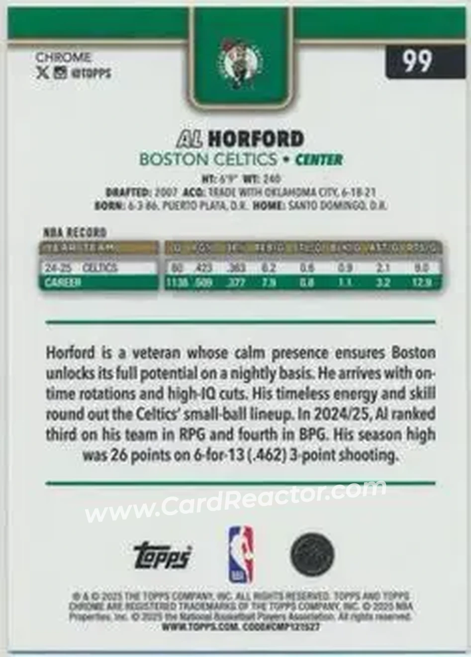 2025-26 Topps Chrome Sapphire Edition #99 - Al Horford - Boston Celtics - Back 2025-26 Topps Chrome Sapphire Edition #99 - Al Horford - Boston Celtics - Back