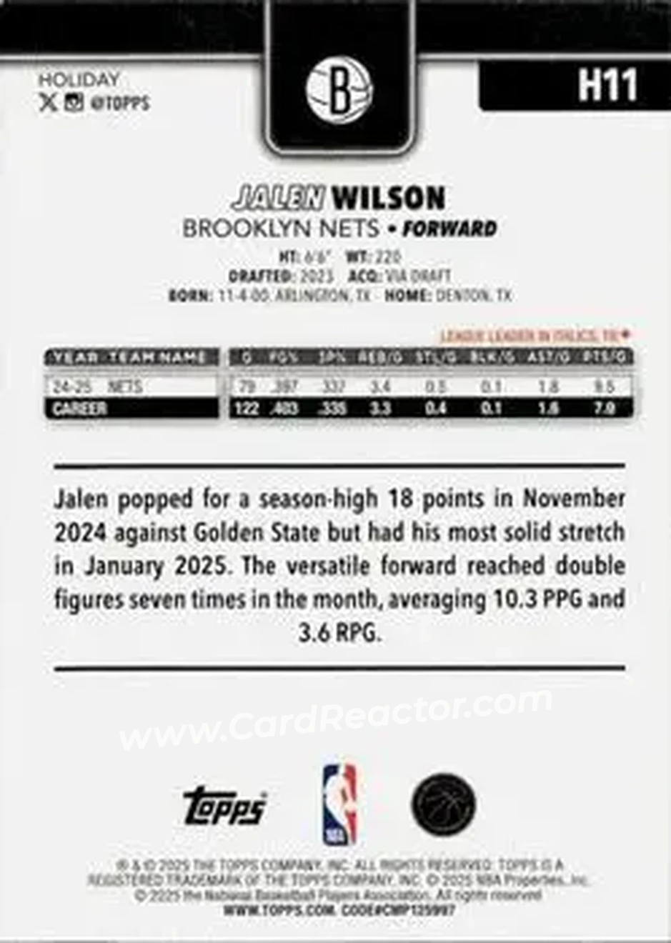 2025-26 Topps Holiday #H11 - Jalen Wilson - Brooklyn Nets - Back