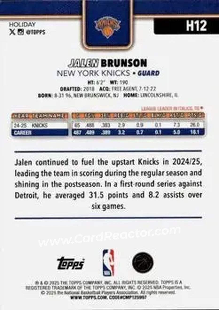 2025-26 Topps Holiday #H12 - Jalen Brunson - New York Knicks - Back