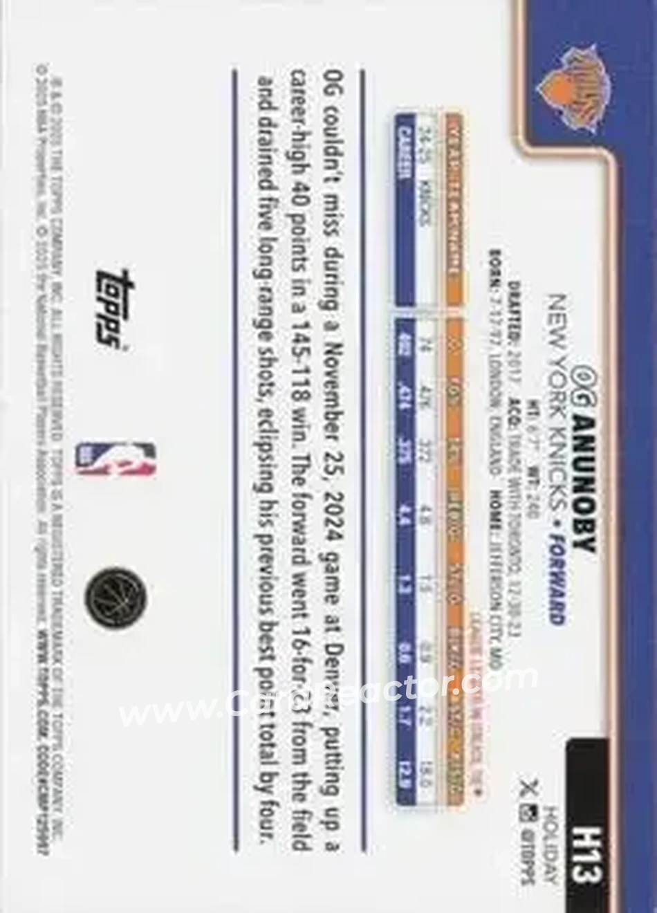 2025-26 Topps Holiday #H13 - OG Anunoby - New York Knicks - Back