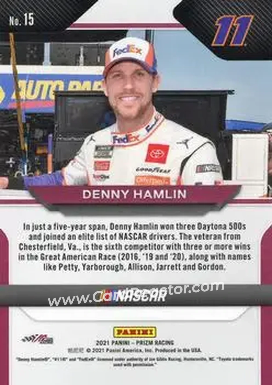 2021 Panini Prizm #15 - Denny Hamlin - Joe Gibbs Racing - Back