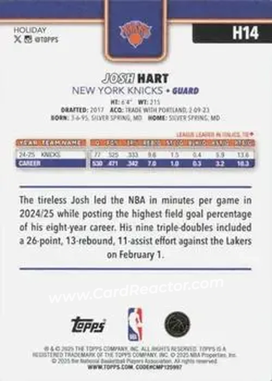 2025-26 Topps Holiday #H14 - Josh Hart - New York Knicks - Back