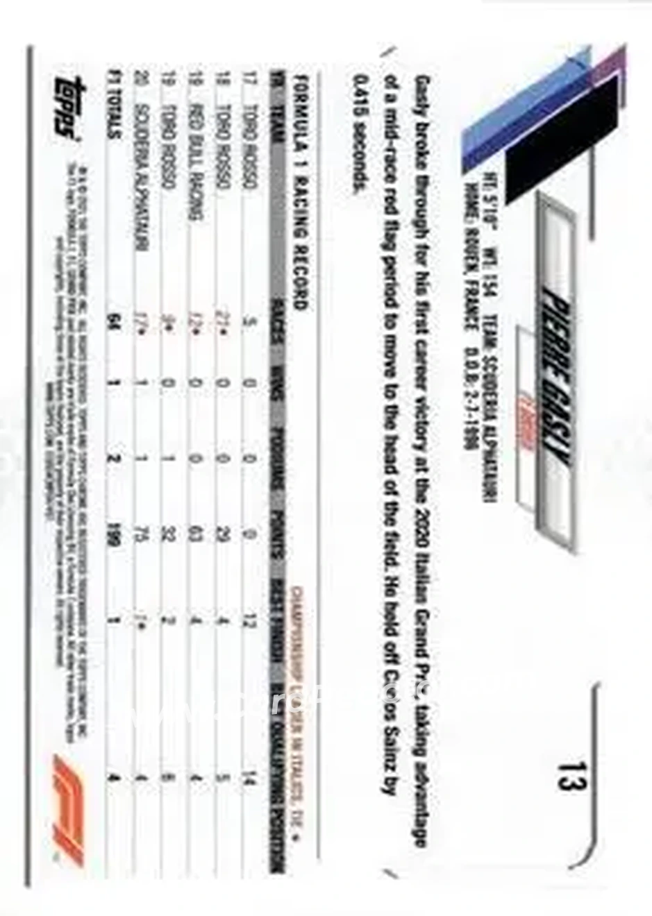 2021 Topps Chrome Formula 1 #13 - Pierre Gasly - Scuderia AlphaTauri - Back