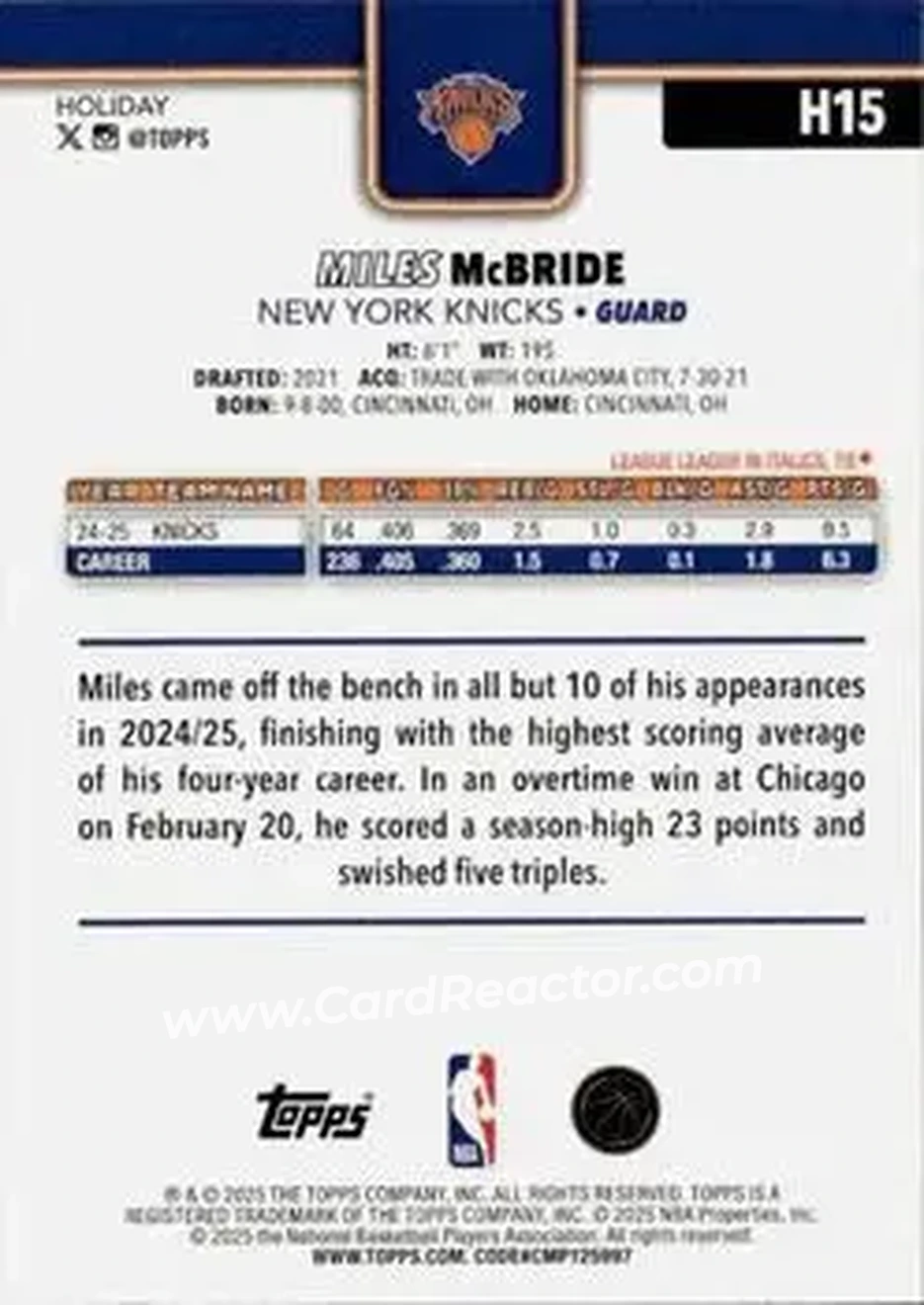 2025-26 Topps Holiday #H15 - Miles McBride - New York Knicks - Back