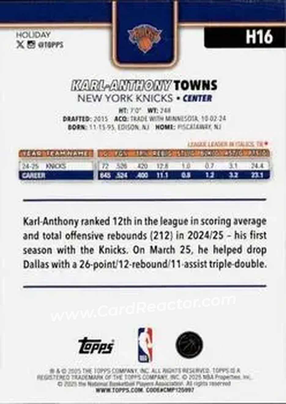 2025-26 Topps Holiday #H16 - Karl-Anthony Towns - New York Knicks - Back