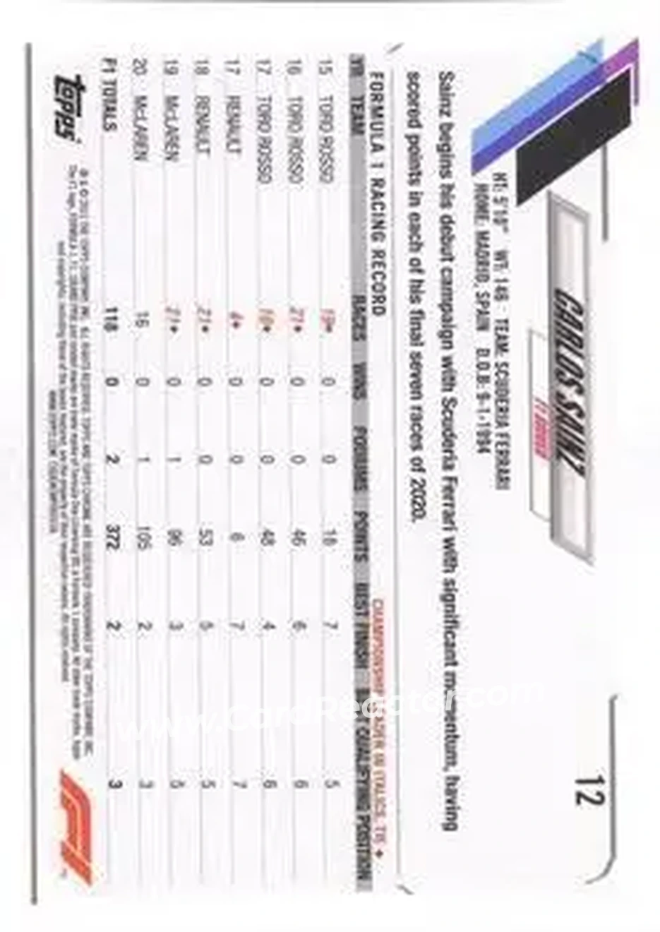 2021 Topps Chrome Sapphire Edition Formula 1 #12 - Carlos Sainz - Scuderia Ferrari - Back