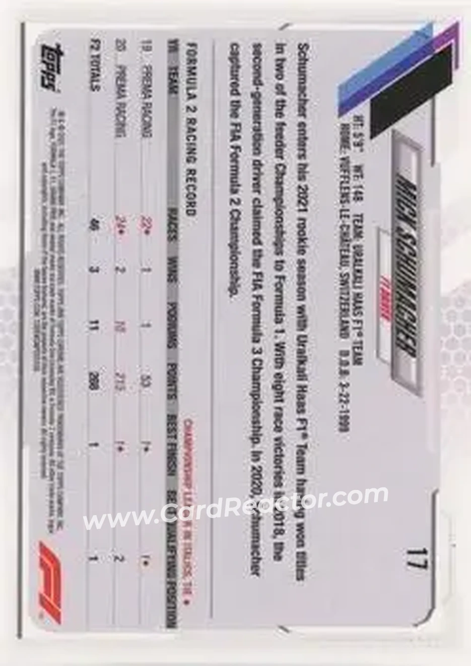 2021 Topps Chrome Sapphire Edition Formula 1 #17 - Mick Schumacher - Uralkali Haas F1 - Back