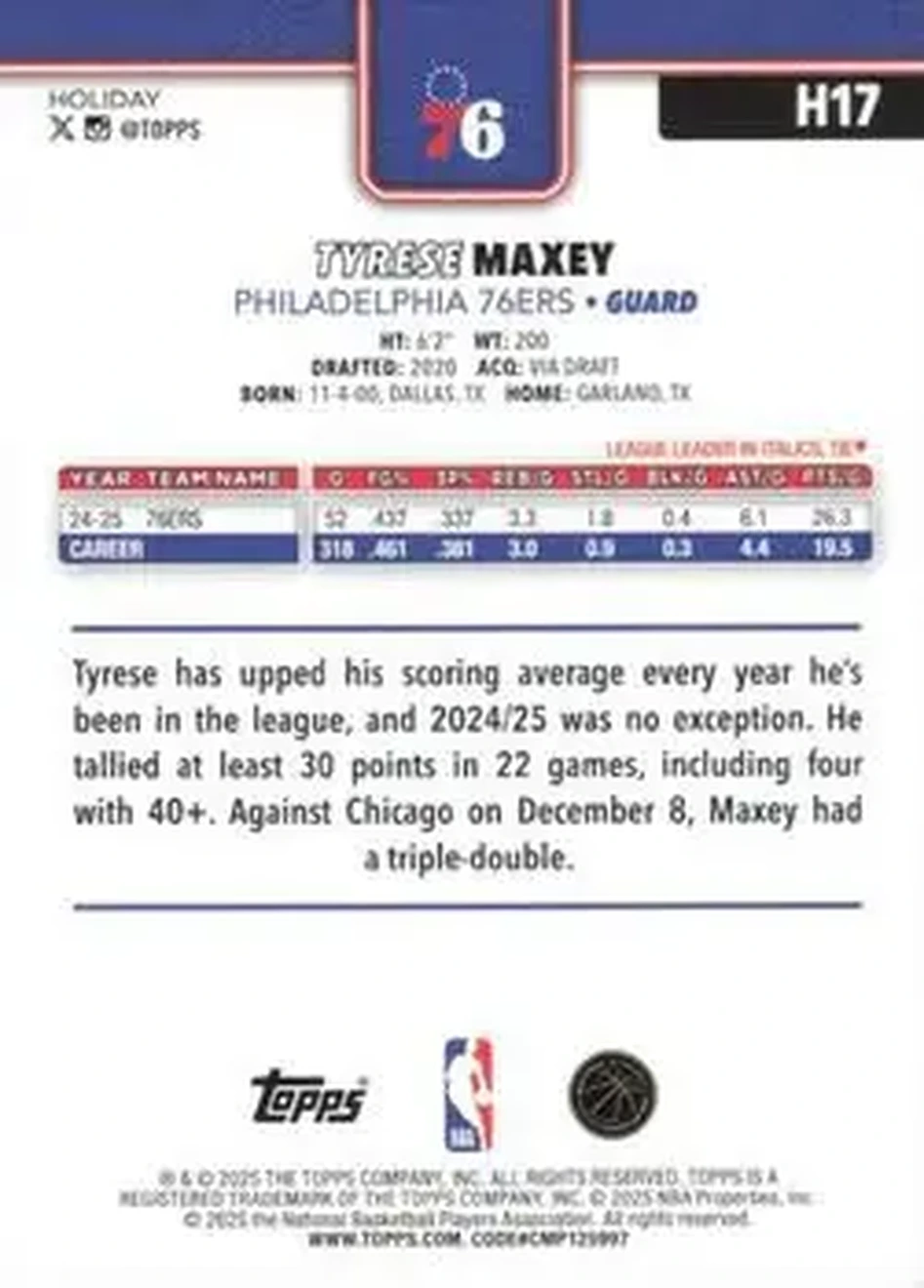 2025-26 Topps Holiday #H17 - Tyrese Maxey - Philadelphia 76ers - Back 2025-26 Topps Holiday #H17 - Tyrese Maxey - Philadelphia 76ers - Back