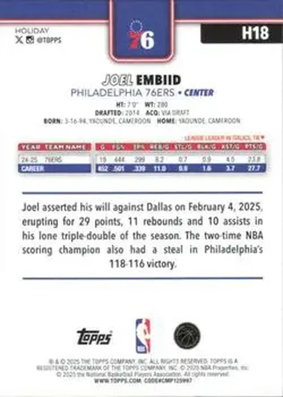 2025-26 Topps Holiday #H18 - Joel Embiid - Philadelphia 76ers - Back