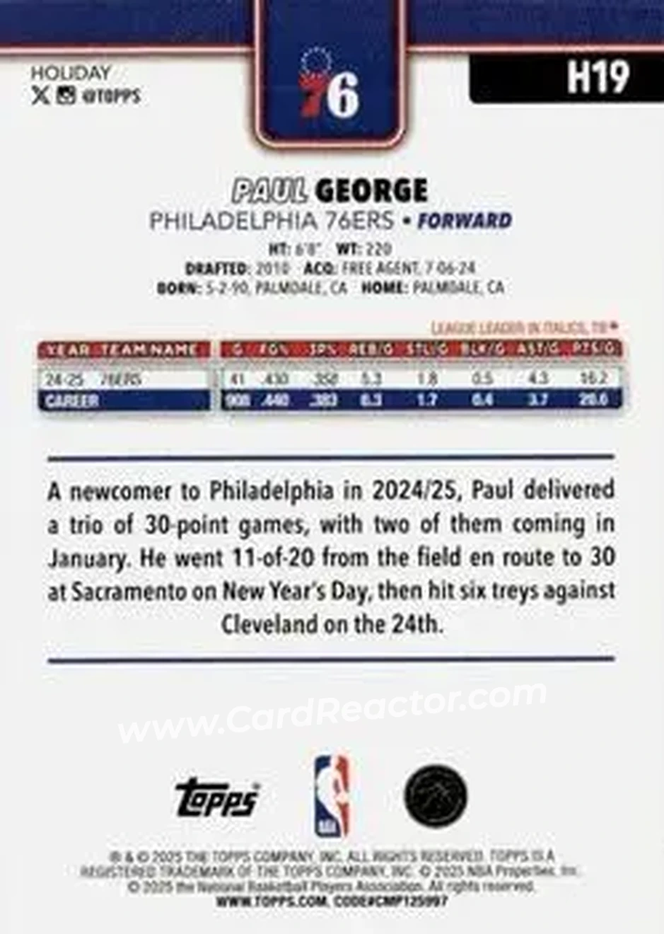 2025-26 Topps Holiday #H19 - Paul George - Philadelphia 76ers - Back