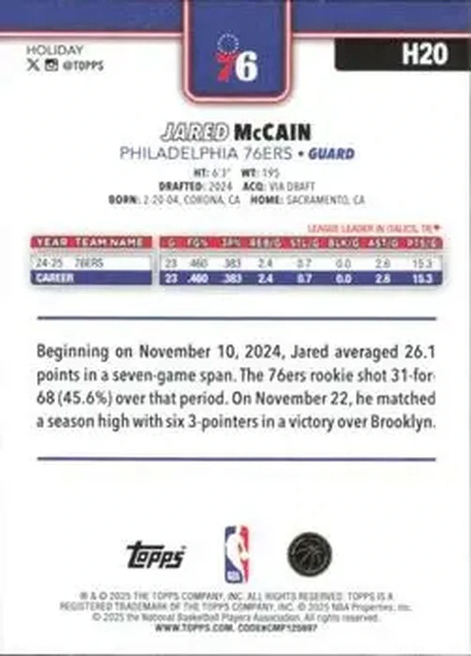2025-26 Topps Holiday #H20 - Jared McCain - Philadelphia 76ers - Back 2025-26 Topps Holiday #H20 - Jared McCain - Philadelphia 76ers - Back