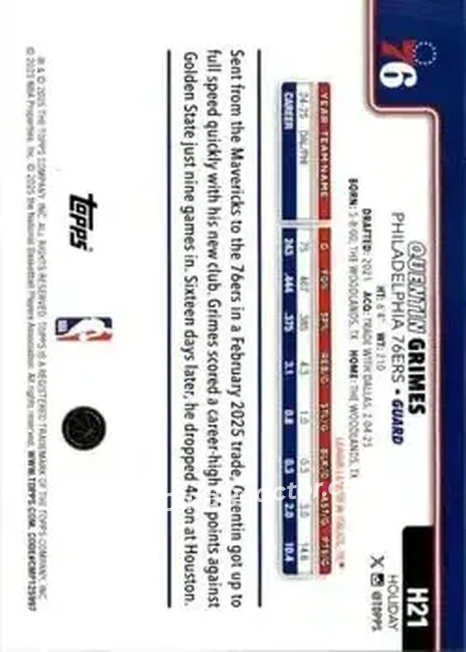 2025-26 Topps Holiday #H21 - Quentin Grimes - Philadelphia 76ers - Back 2025-26 Topps Holiday #H21 - Quentin Grimes - Philadelphia 76ers - Back