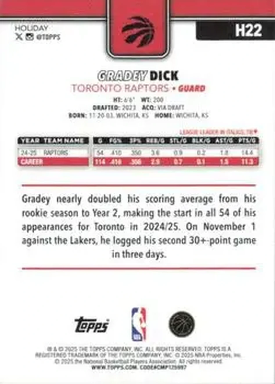 2025-26 Topps Holiday #H22 - Gradey Dick - Toronto Raptors - Back 2025-26 Topps Holiday #H22 - Gradey Dick - Toronto Raptors - Back