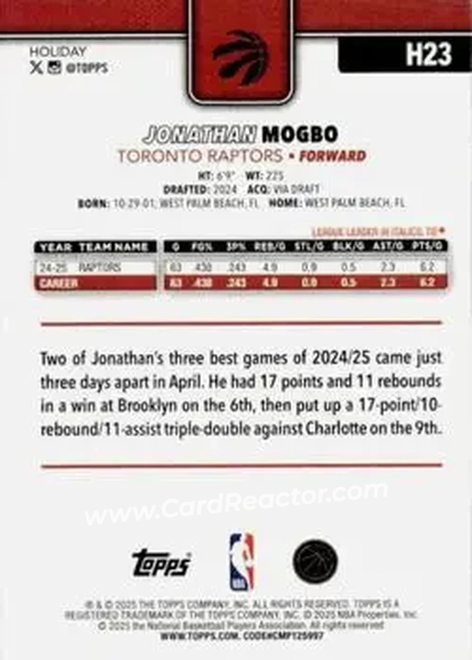 2025-26 Topps Holiday #H23 - Jonathan Mogbo - Toronto Raptors - Back 2025-26 Topps Holiday #H23 - Jonathan Mogbo - Toronto Raptors - Back