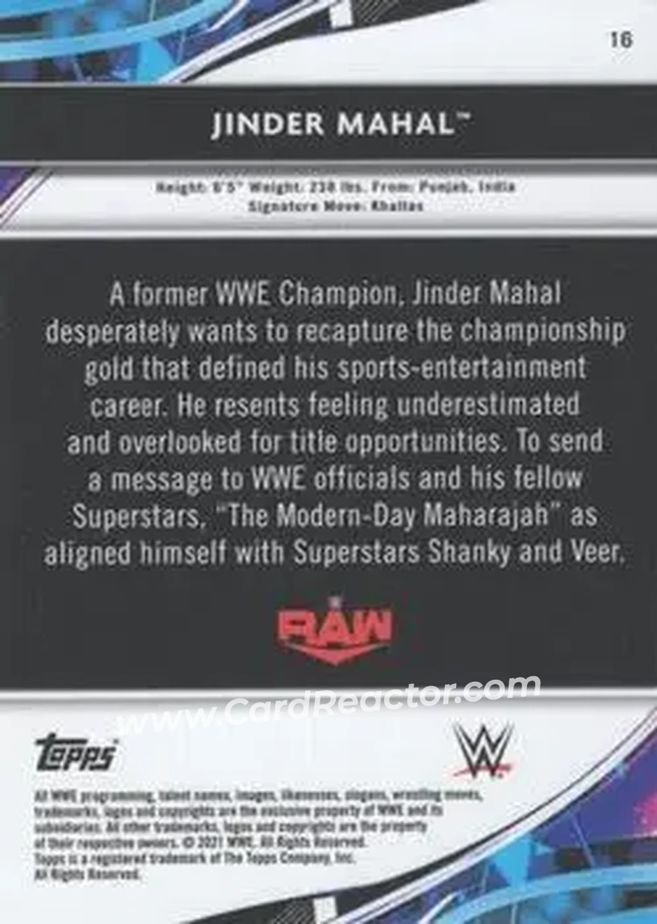2021 Topps Finest WWE #16 - Jinder Mahal - Back