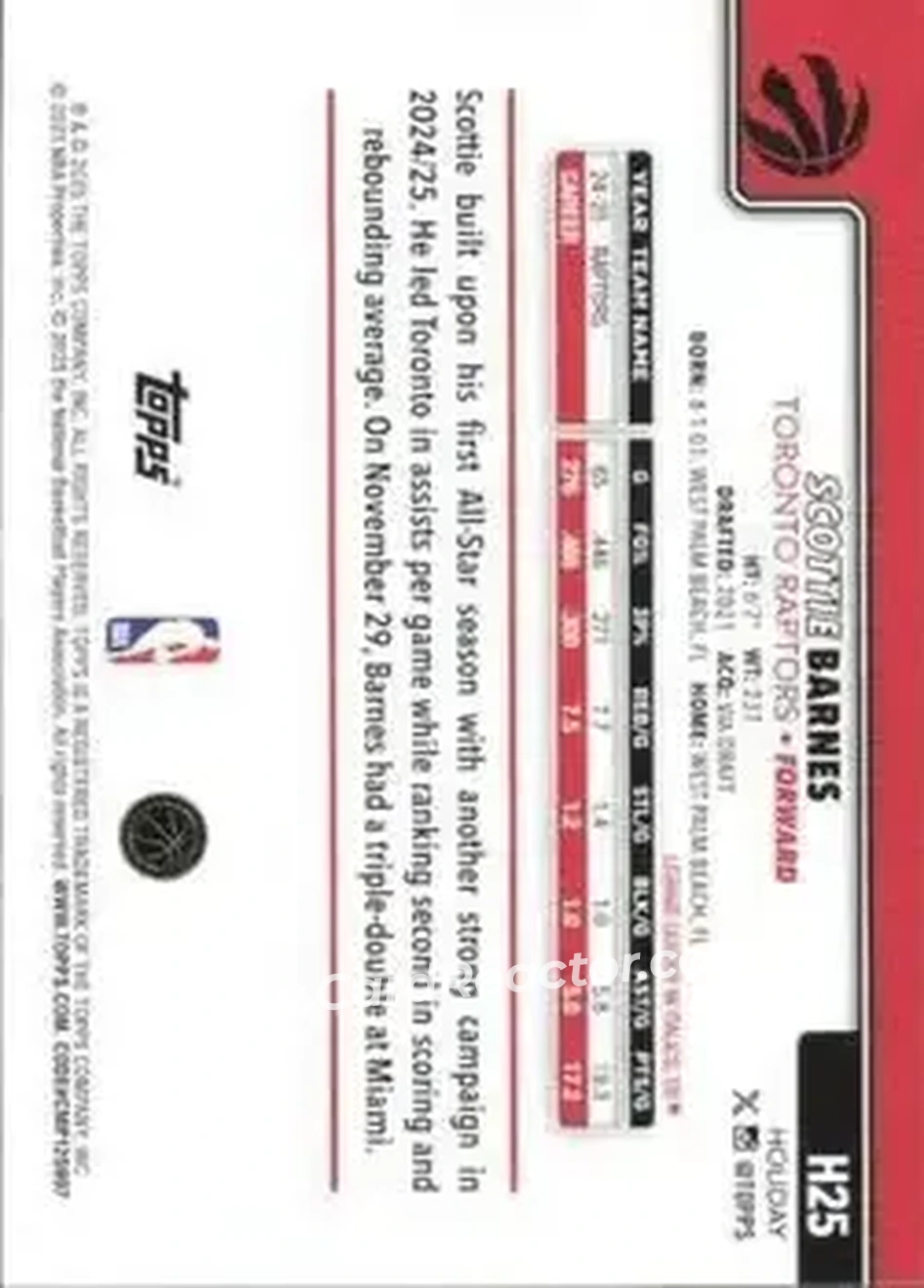 2025-26 Topps Holiday #H25 - Scottie Barnes - Toronto Raptors - Back 2025-26 Topps Holiday #H25 - Scottie Barnes - Toronto Raptors - Back