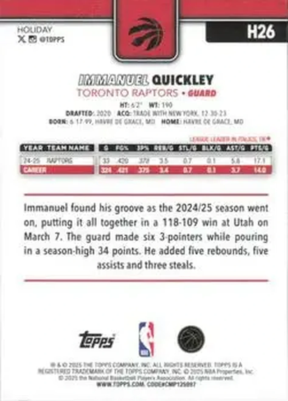 2025-26 Topps Holiday #H26 - Immanuel Quickley - Toronto Raptors - Back 2025-26 Topps Holiday #H26 - Immanuel Quickley - Toronto Raptors - Back