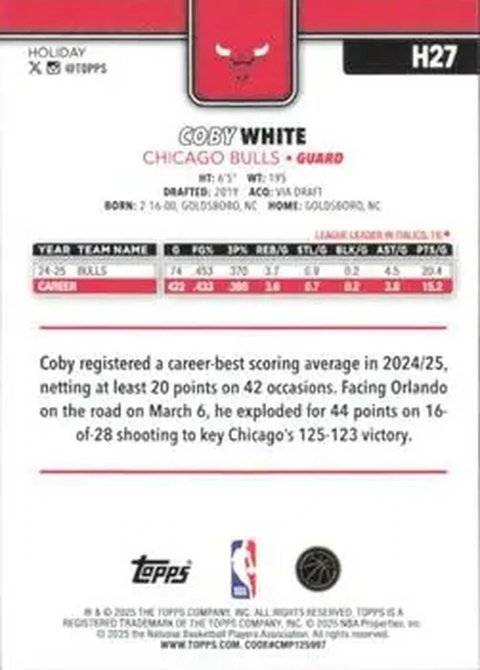2025-26 Topps Holiday #H27 - Coby White - Chicago Bulls - Back