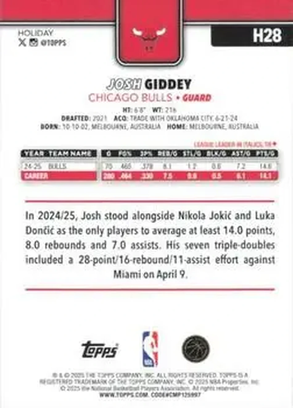 2025-26 Topps Holiday #H28 - Josh Giddey - Chicago Bulls - Back 2025-26 Topps Holiday #H28 - Josh Giddey - Chicago Bulls - Back