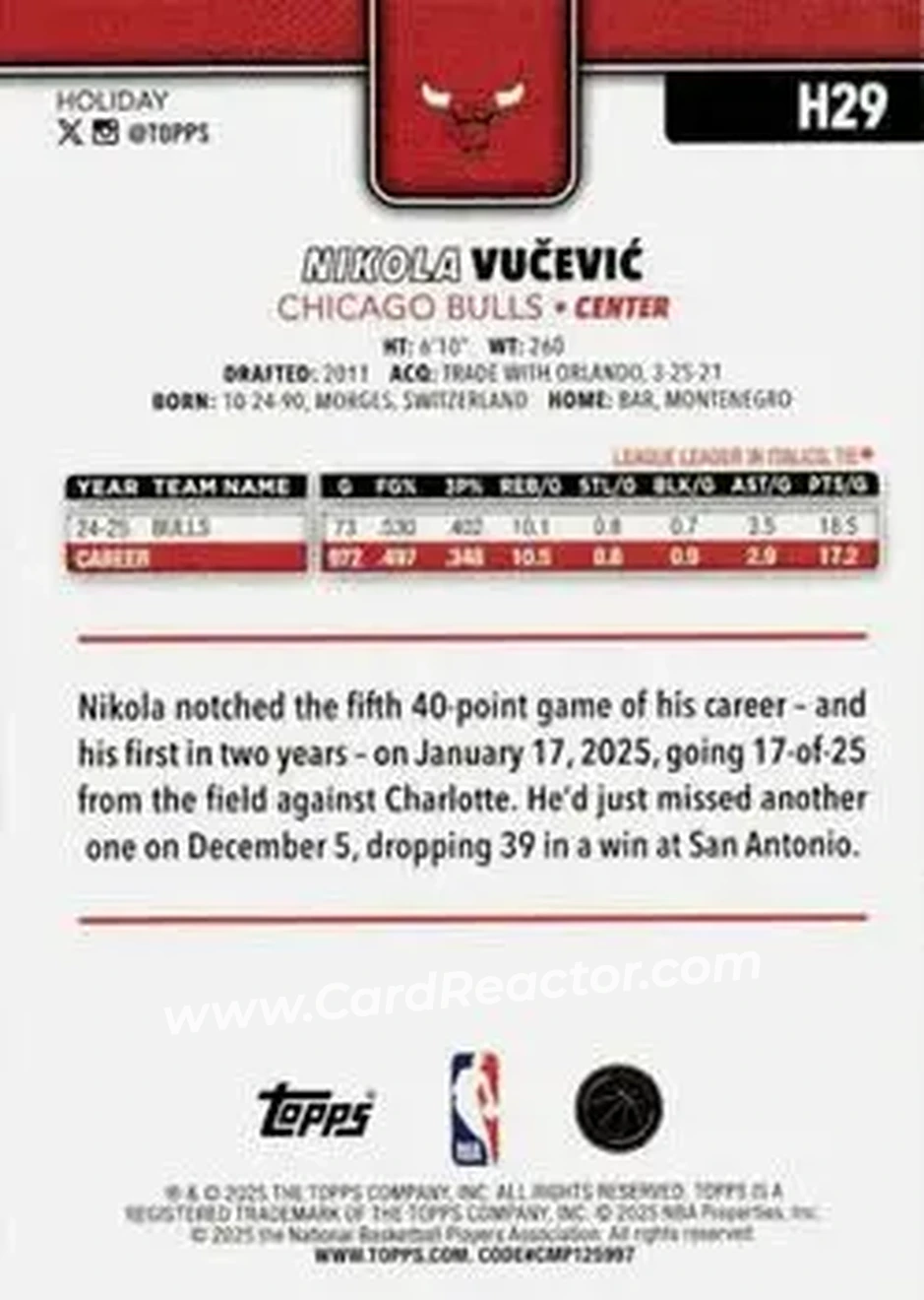 2025-26 Topps Holiday #H29 - Nikola Vučević - Chicago Bulls - Back