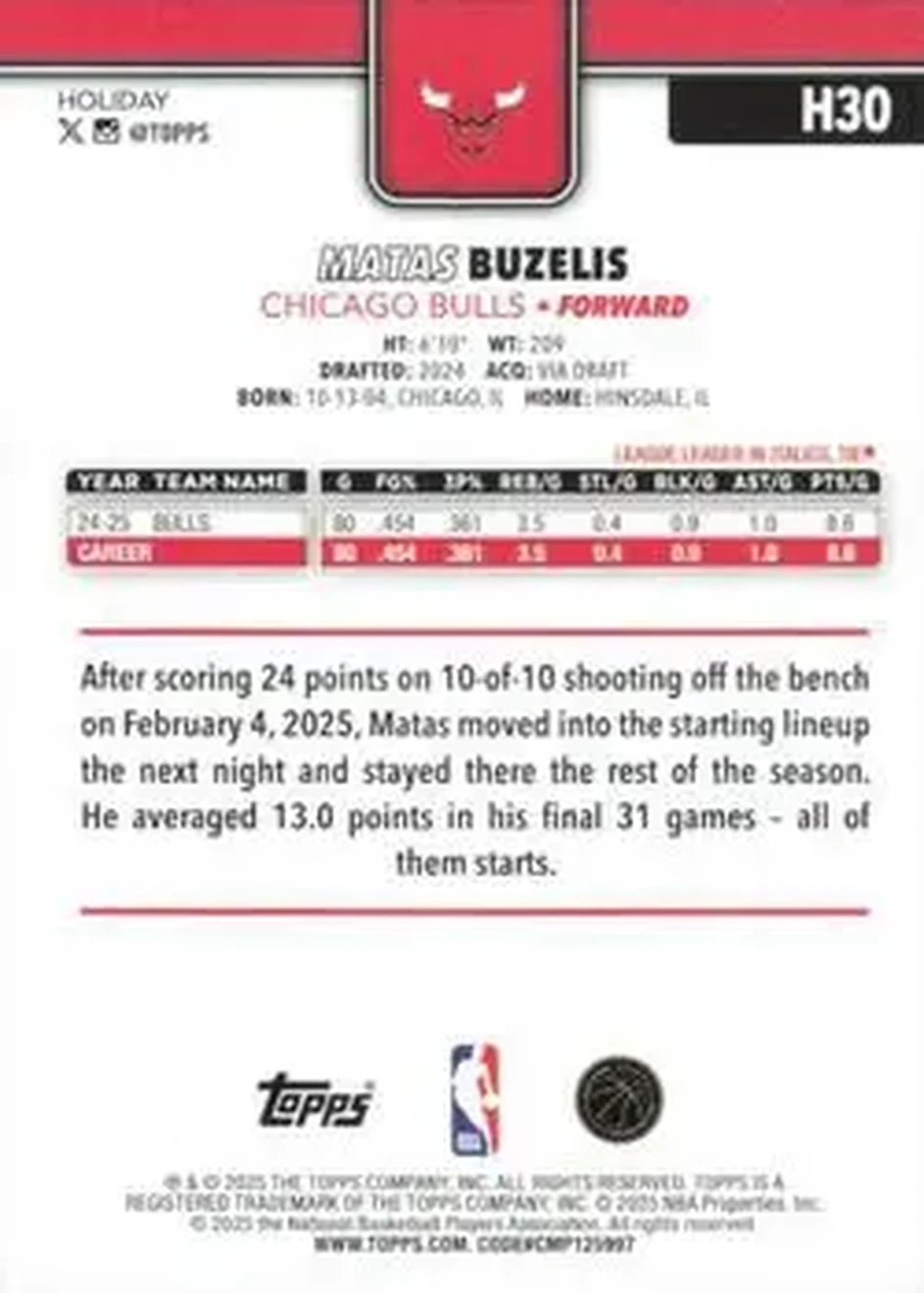 2025-26 Topps Holiday #H30 - Matas Buzelis - Chicago Bulls - Back