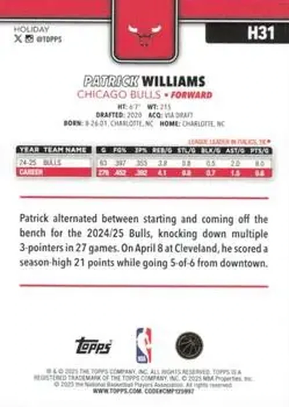 2025-26 Topps Holiday #H31 - Patrick Williams - Chicago Bulls - Back 2025-26 Topps Holiday #H31 - Patrick Williams - Chicago Bulls - Back