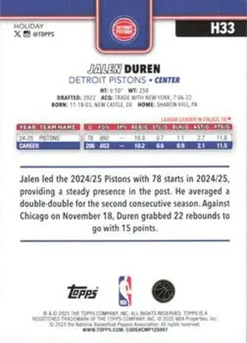 2025-26 Topps Holiday #H33 - Jalen Duren - Detroit Pistons - Back