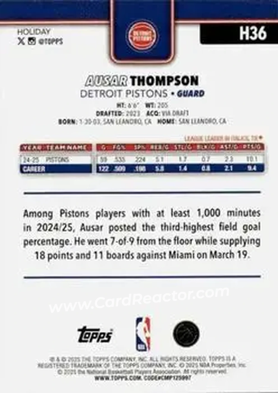 2025-26 Topps Holiday #H36 - Ausar Thompson - Detroit Pistons - Back