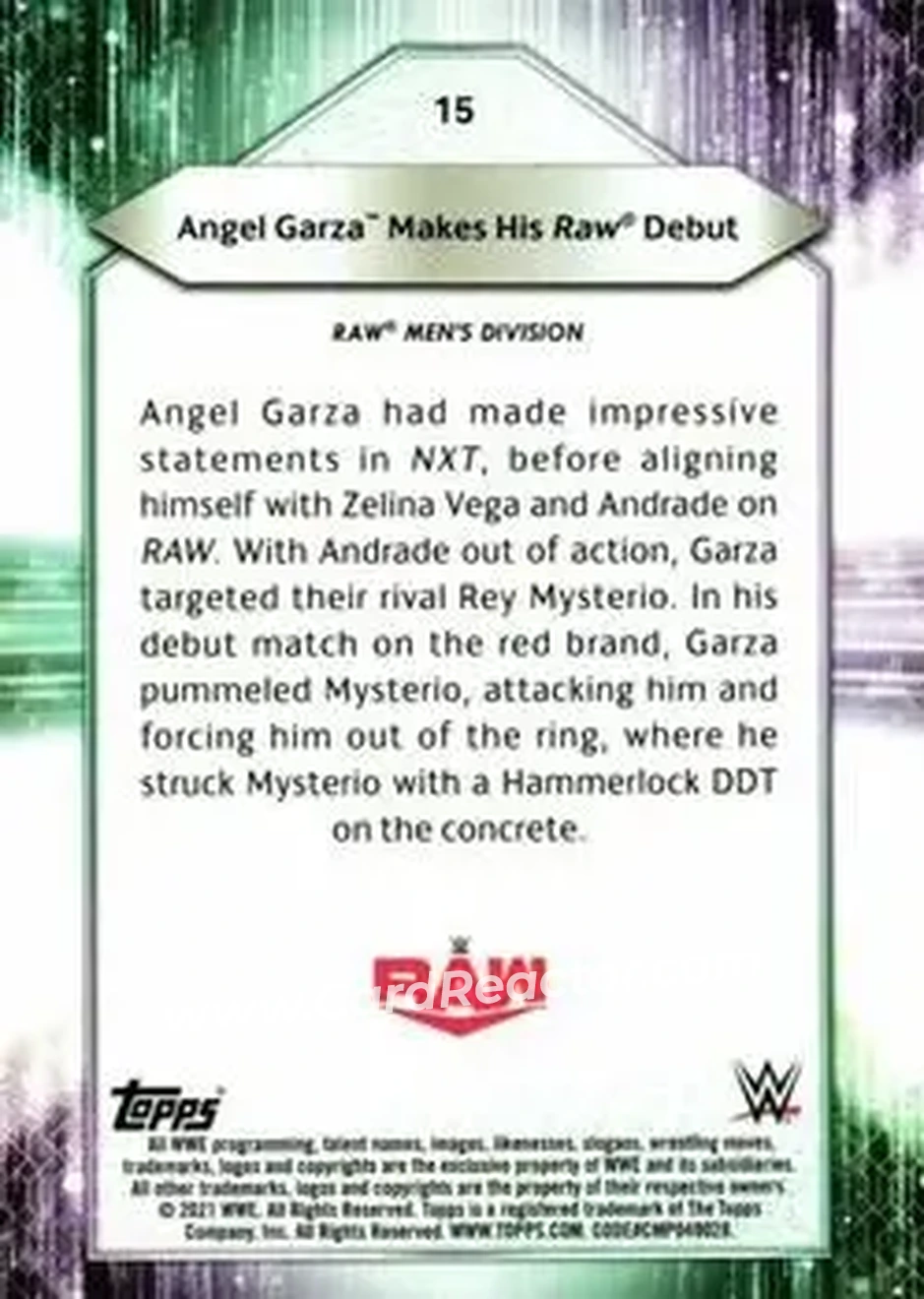 2021 Topps WWE #15 - Angel Garza Makes His Raw Debut - Back