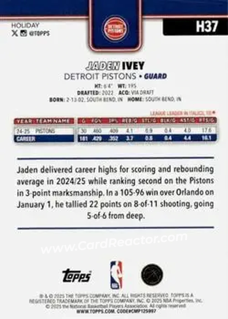 2025-26 Topps Holiday #H37 - Jaden Ivey - Detroit Pistons - Back 2025-26 Topps Holiday #H37 - Jaden Ivey - Detroit Pistons - Back