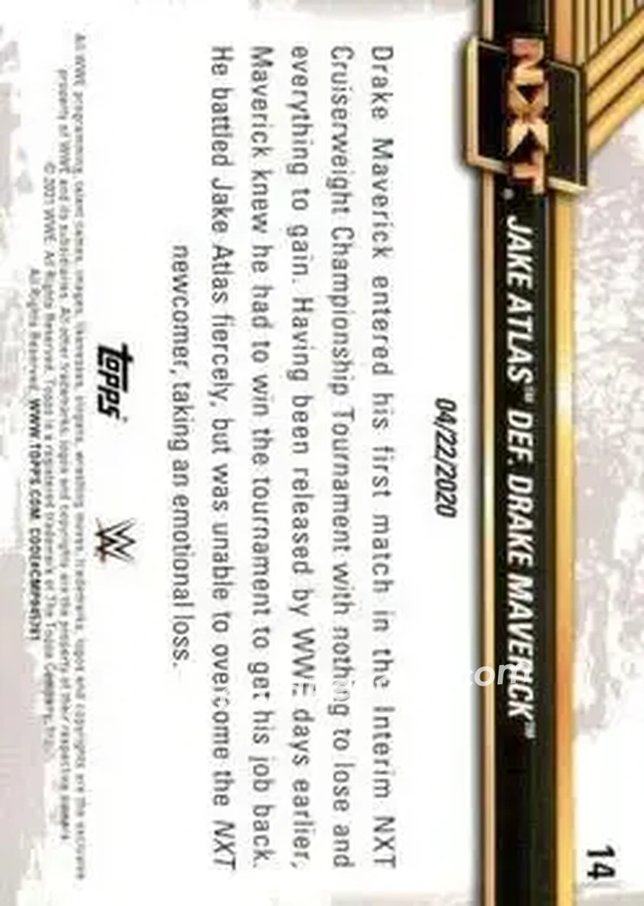 2021 Topps WWE NXT #14 - Jake Atlas def. Drake Maverick - Back