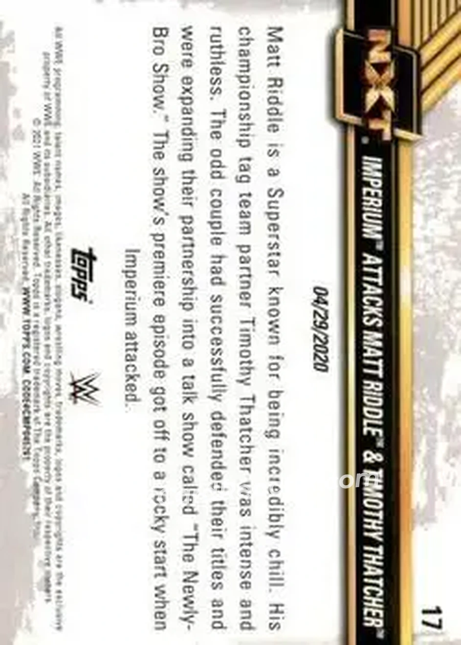 2021 Topps WWE NXT #17 - Imperium Attacks Matt Riddle & Timothy Thatcher - Back