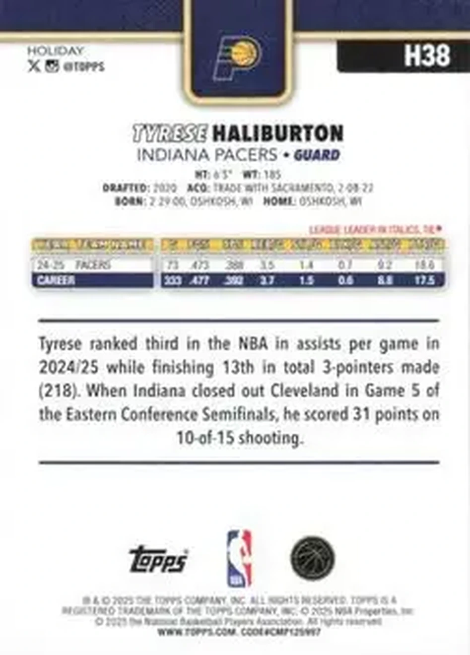 2025-26 Topps Holiday #H38 - Tyrese Haliburton - Indiana Pacers - Back