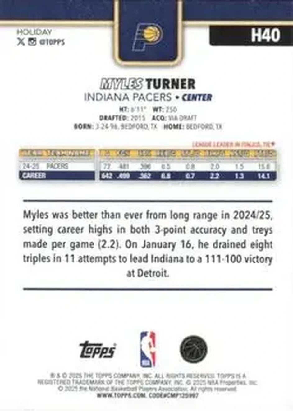 2025-26 Topps Holiday #H40 - Myles Turner - Indiana Pacers - Back 2025-26 Topps Holiday #H40 - Myles Turner - Indiana Pacers - Back