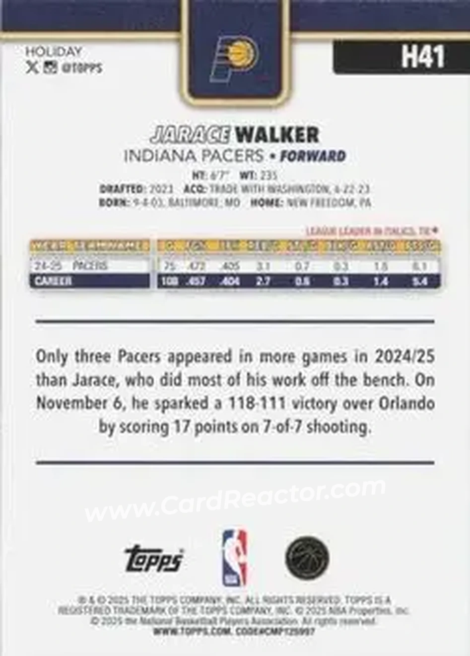 2025-26 Topps Holiday #H41 - Jarace Walker - Indiana Pacers - Back