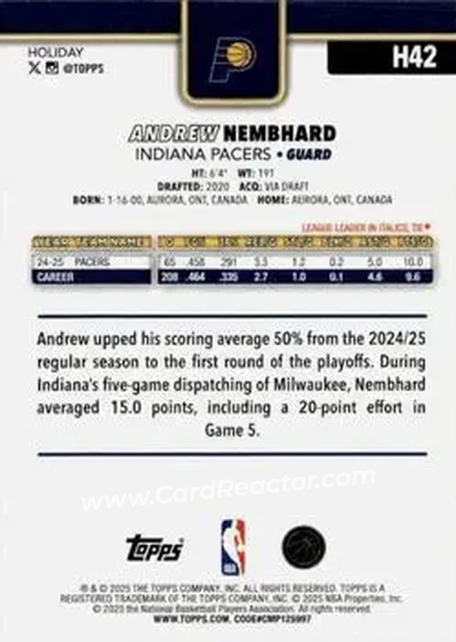 2025-26 Topps Holiday #H42 - Andrew Nembhard - Indiana Pacers - Back