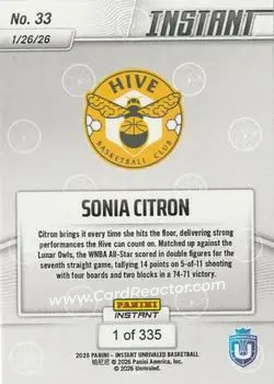 2026 Panini Instant Unrivaled #33 - Sonia Citron - Hive - Back 2026 Panini Instant Unrivaled #33 - Sonia Citron - Hive - Back